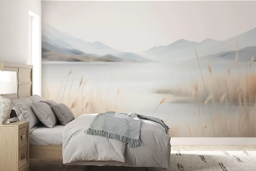 Fotobehang Abstrakt landschap met bergen en een meer w05584