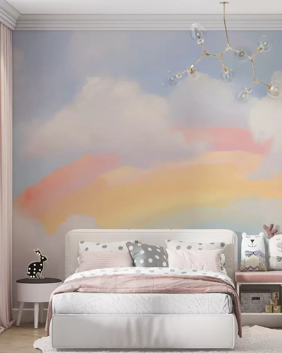 Fotobehang Abstracte regenboog tussen de wolken, schilderijimitatie w05592