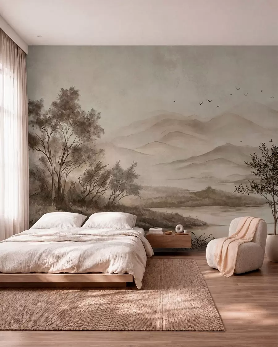Fotobehang Mistig berglandschap met een rivier en vogels w05535