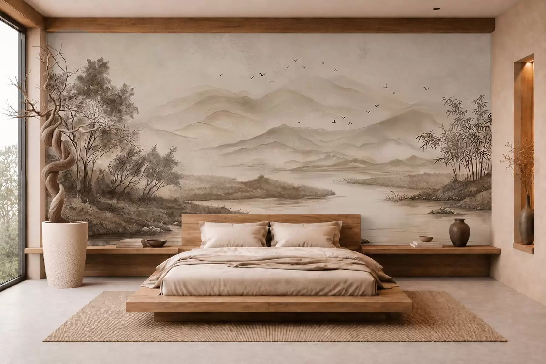 Fotobehang Mistig berglandschap met een rivier en vogels w05535