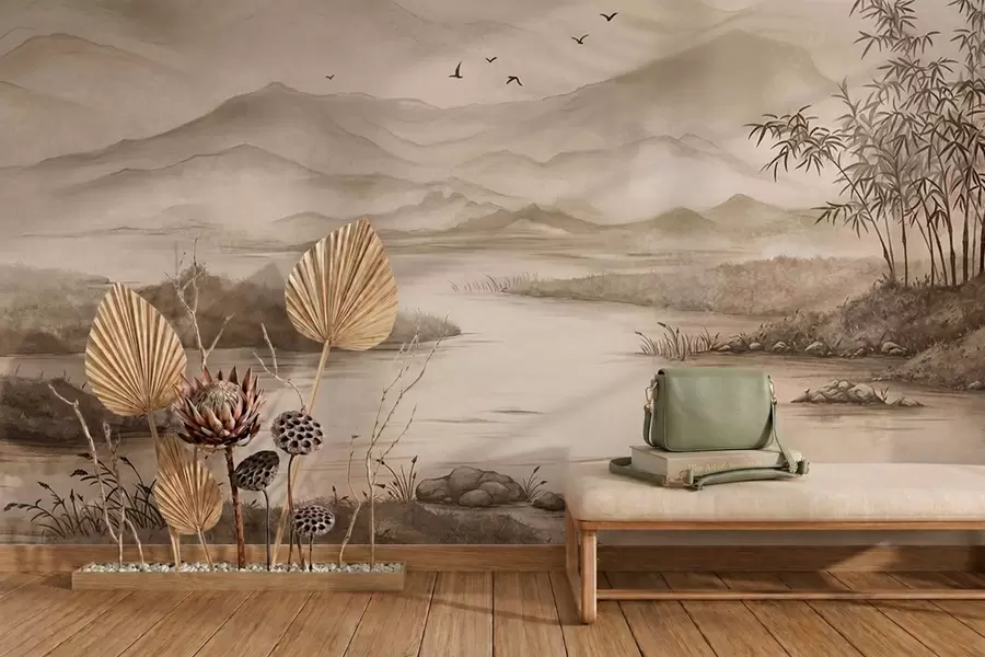 Fotobehang Mistig berglandschap met een rivier en vogels w05535