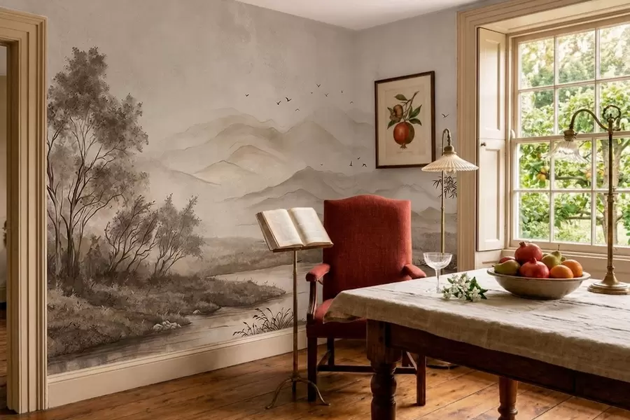Fotobehang Mistig berglandschap met een rivier en vogels w05535