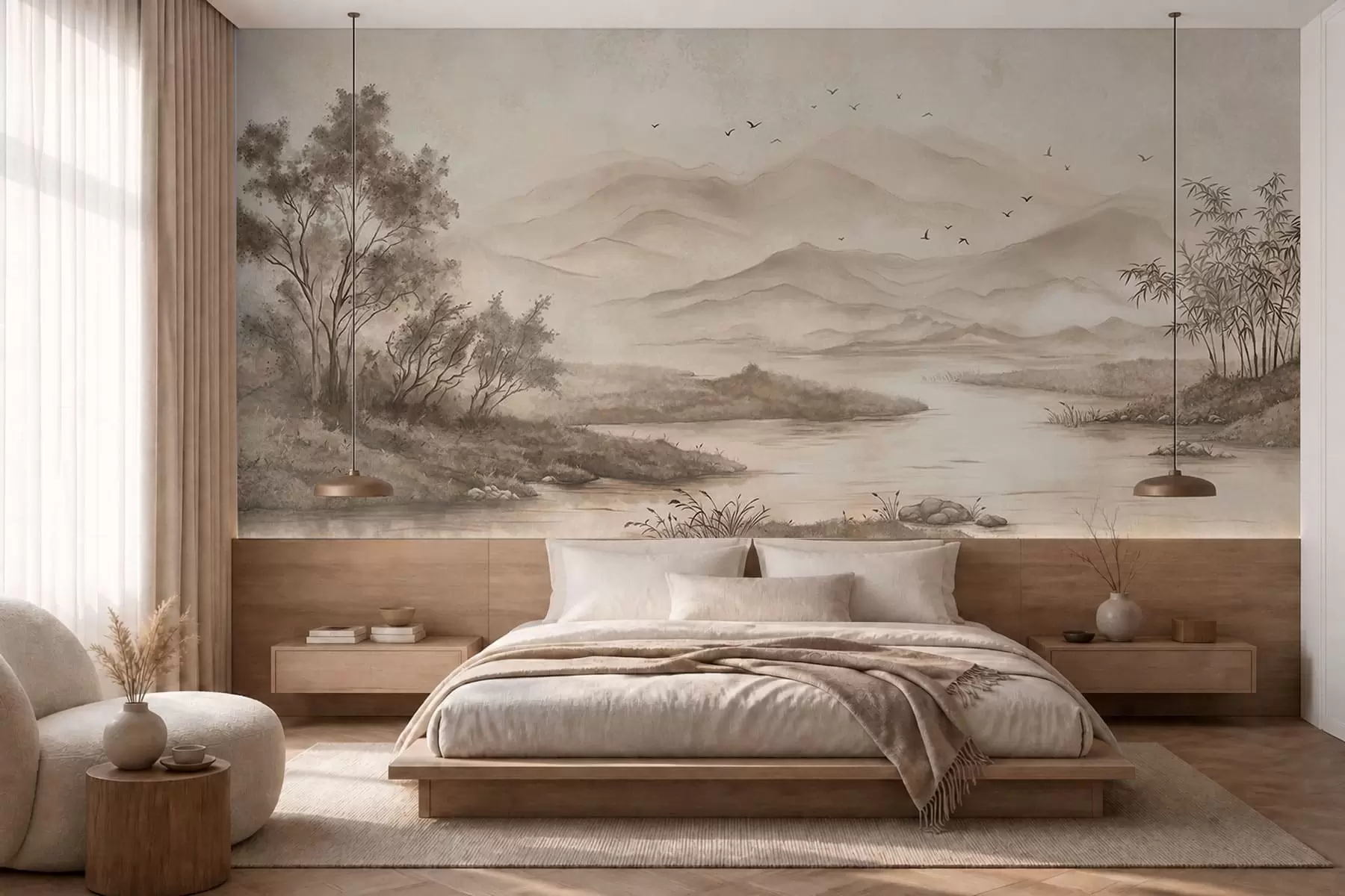 Fotobehang Rustig landschap met een rivier en bergen in de verte w05535v1