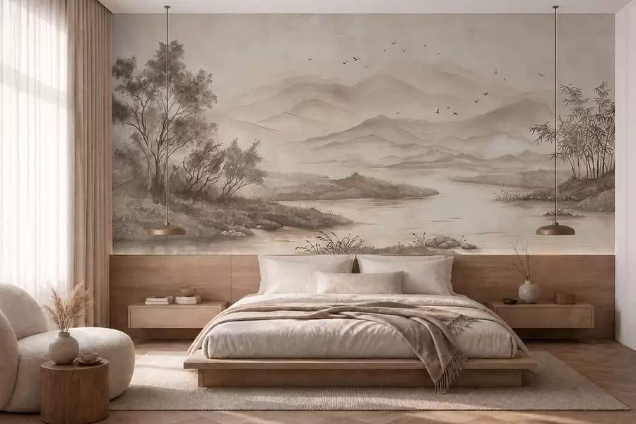 Fotobehang Rustig landschap met een rivier en bergen in de verte w05535v1
