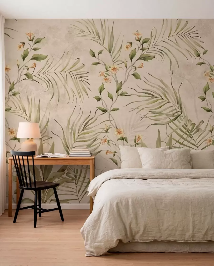 Fotobehang Tropische bladeren en zachte bloemen op een beige achtergrond w05625