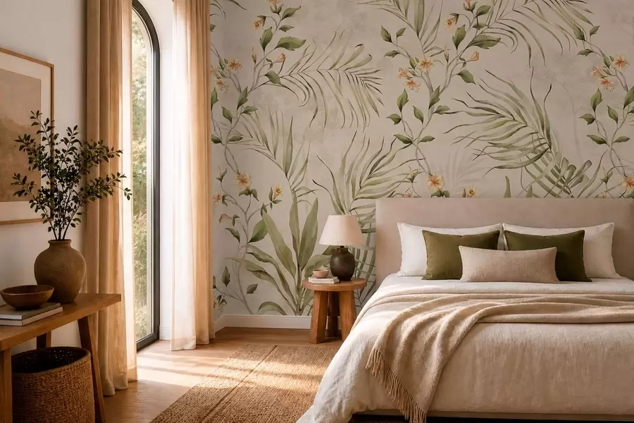 Fotobehang Tropische bladeren en zachte bloemen op een beige achtergrond w05625