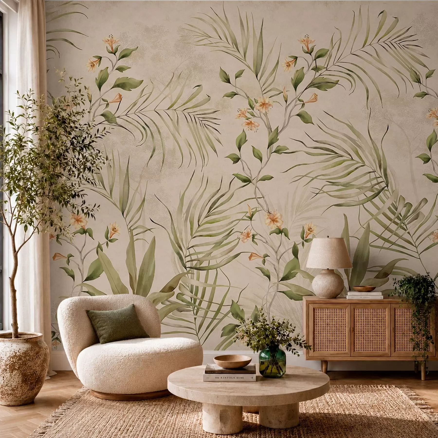 Fotobehang Tropische bladeren en zachte bloemen op een beige achtergrond w05625