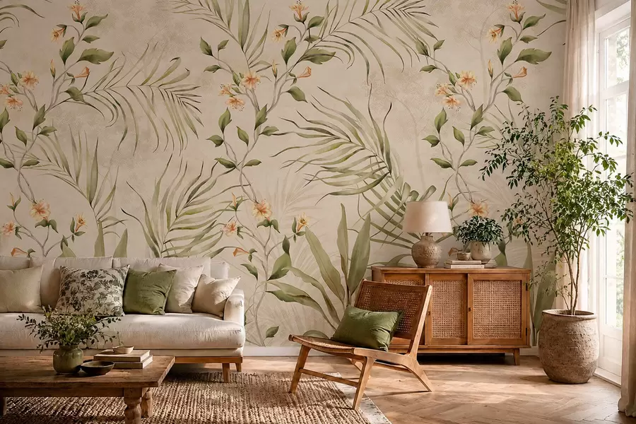 Fotobehang Tropische bladeren en zachte bloemen op een beige achtergrond w05625