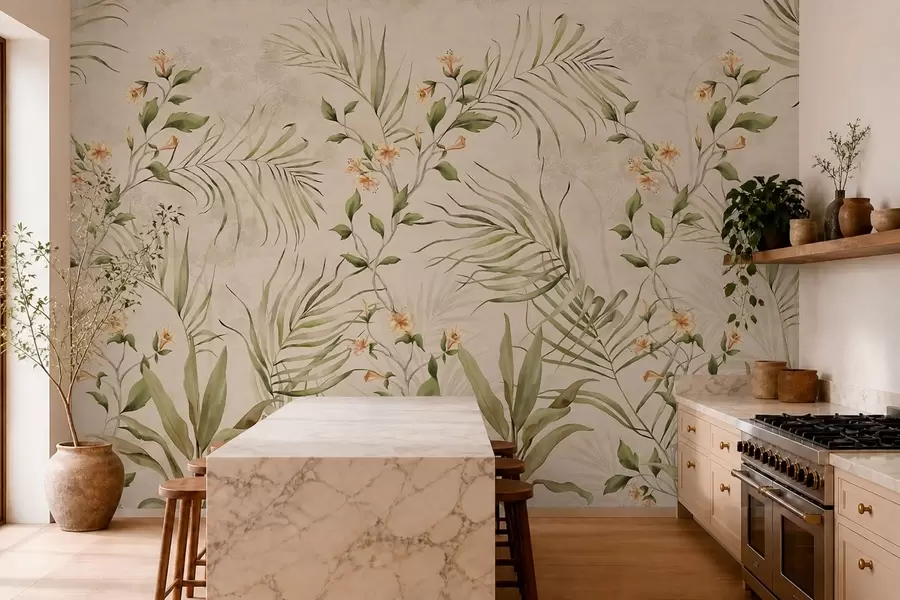 Fotobehang Tropische bladeren en zachte bloemen op een beige achtergrond w05625