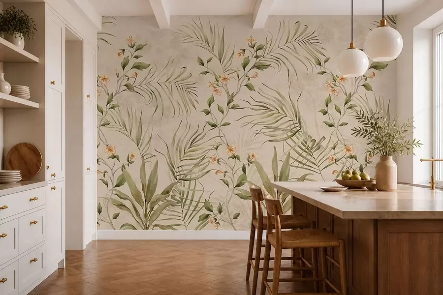 Fotobehang Tropische bladeren en zachte bloemen op een beige achtergrond w05625
