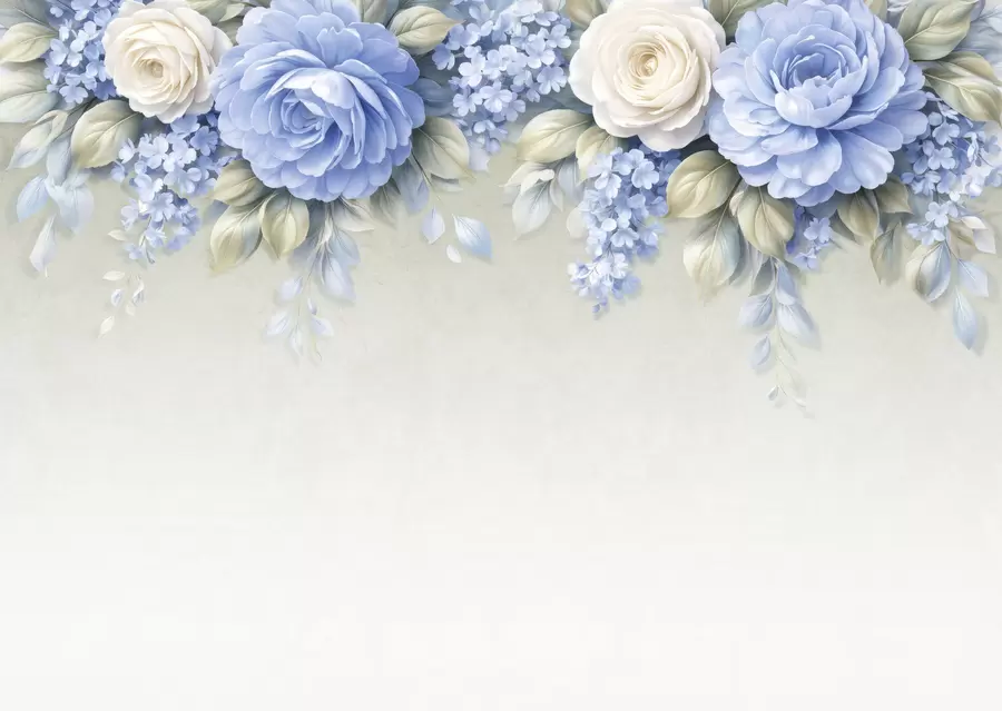 Fotobehang Verfijnde rozen en bloemtrossen in een op porselein geïnspireerde botanische compositie met zacht gelaagde bloemblaadjes en elegante, golvende bladeren w05495