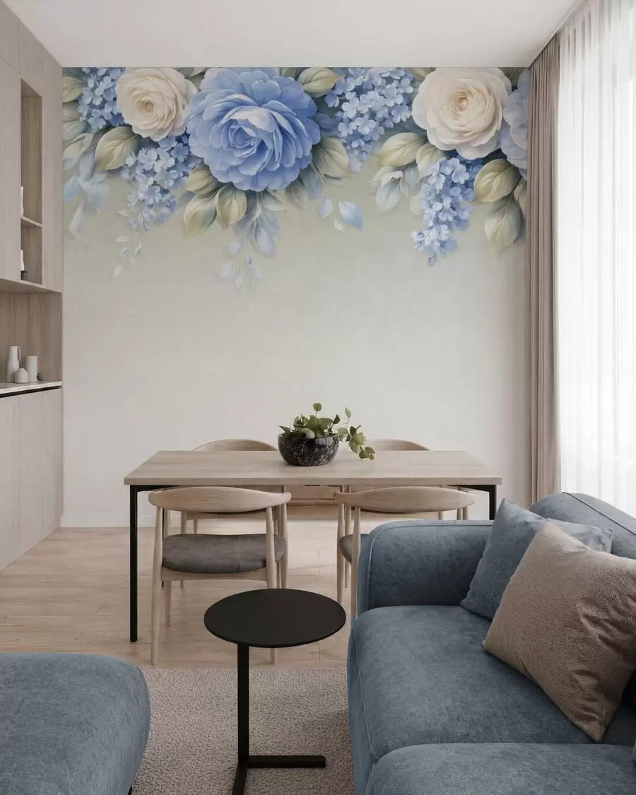 Fotobehang Verfijnde rozen en bloemtrossen in een op porselein geïnspireerde botanische compositie met zacht gelaagde bloemblaadjes en elegante, golvende bladeren w05495