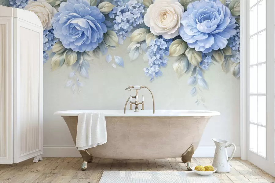 Fotobehang Verfijnde rozen en bloemtrossen in een op porselein geïnspireerde botanische compositie met zacht gelaagde bloemblaadjes en elegante, golvende bladeren w05495