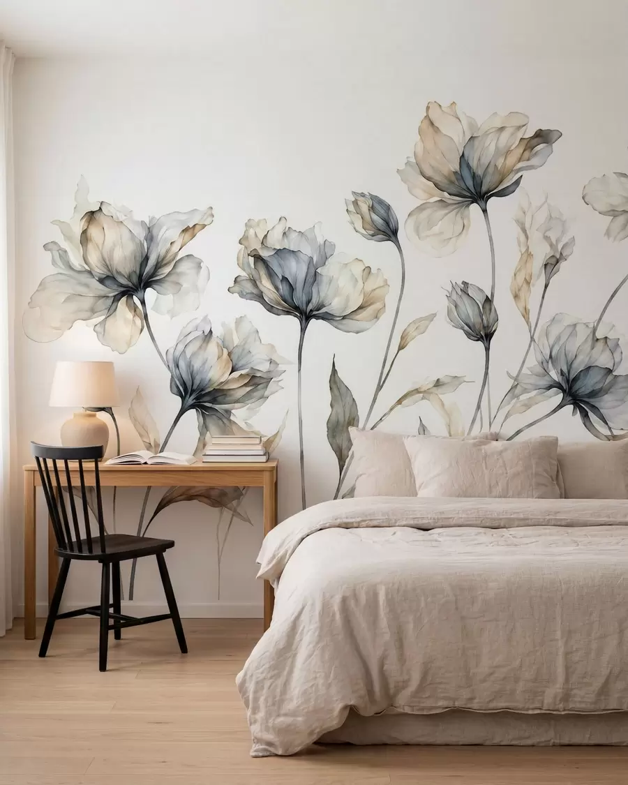Fotobehang Elegante, luchtige bloemen met doorschijnende, gelaagde bloemblaadjes aan lange, sierlijke stelen w05579
