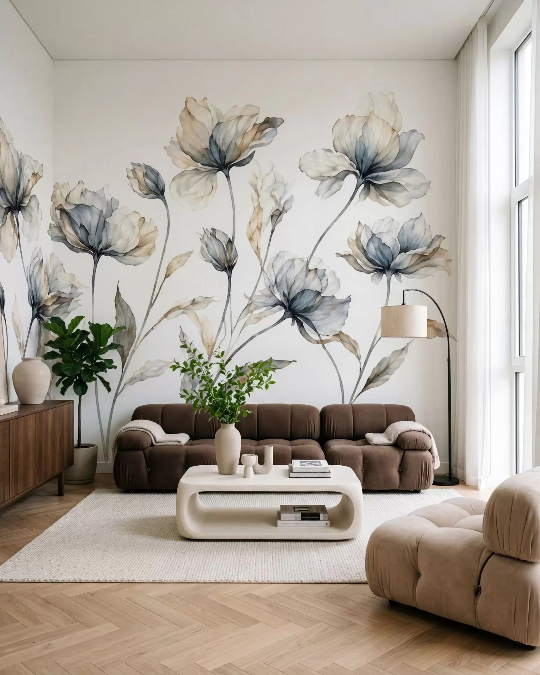 Fotobehang Elegante, luchtige bloemen met doorschijnende, gelaagde bloemblaadjes aan lange, sierlijke stelen w05579