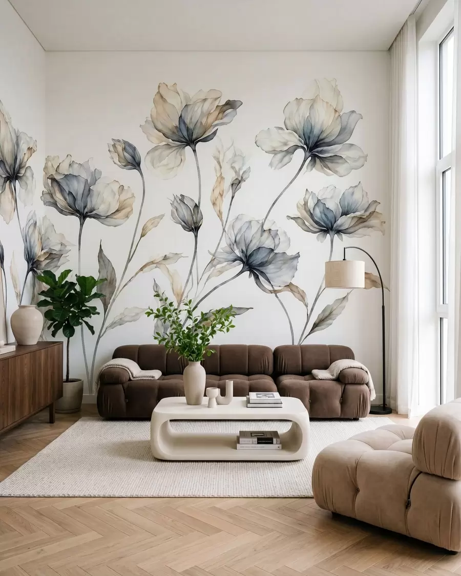 Fotobehang Elegante, luchtige bloemen met doorschijnende, gelaagde bloemblaadjes aan lange, sierlijke stelen w05579