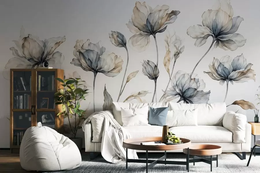 Fotobehang Elegante, luchtige bloemen met doorschijnende, gelaagde bloemblaadjes aan lange, sierlijke stelen w05579