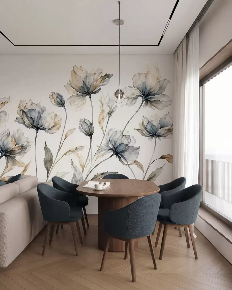 Fotobehang Elegante, luchtige bloemen met doorschijnende, gelaagde bloemblaadjes aan lange, sierlijke stelen w05579
