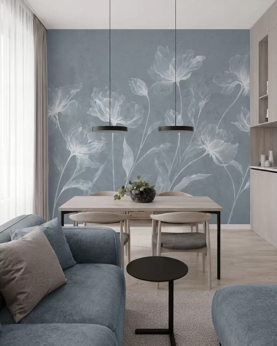 Fotobehang Elegante, luchtige bloemen met doorschijnende, gelaagde bloemblaadjes aan lange, sierlijke stelen w05579v2