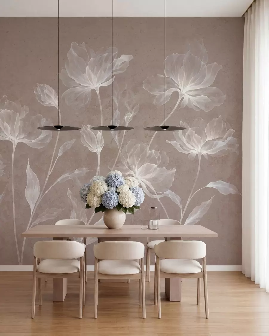 Fotobehang Elegante, luchtige bloemen met doorschijnende, gelaagde bloemblaadjes aan lange, sierlijke stelen w05579v3