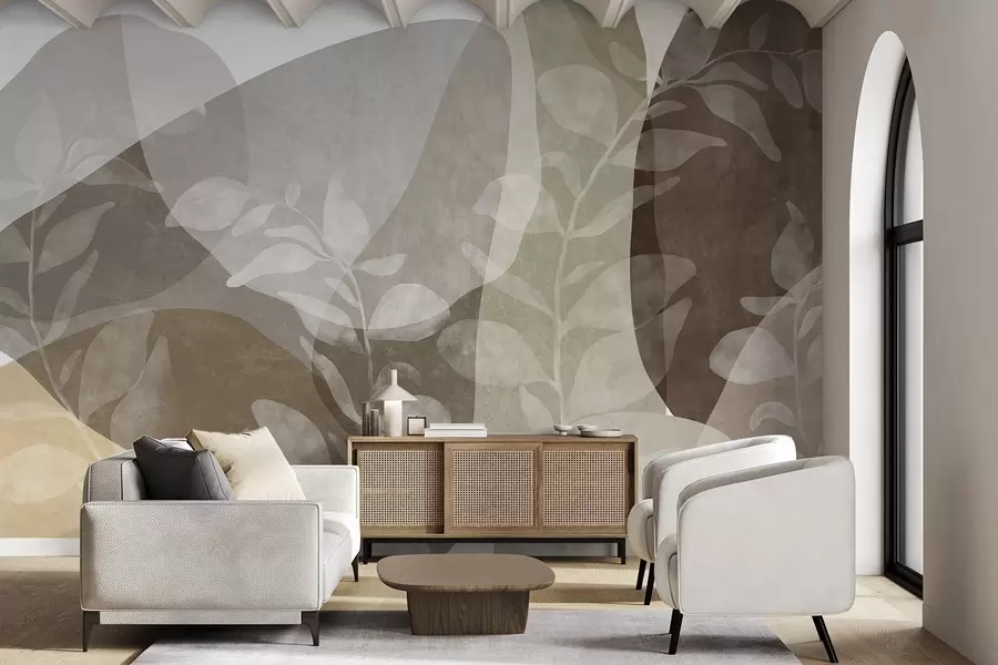 Fotobehang Abstracte vormen in aardetinten worden afgewisseld met transparante botanische elementen en kunst met textuur w09865