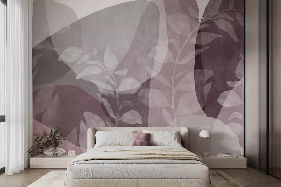 Fotobehang Abstracte vormen in ingetogen tinten worden afgewisseld met transparante botanische elementen en kunst met textuur w09865v1