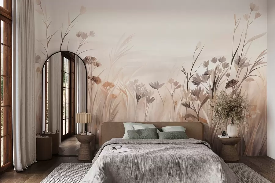 Fotobehang Een veld met wilde bloemen in zachte bruine en beige tinten, met hoog gras en delicate bloemen w09872