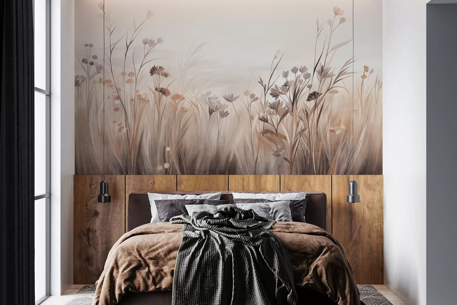 Fotobehang Een veld met wilde bloemen in zachte bruine en beige tinten, met hoog gras en delicate bloemen w09872