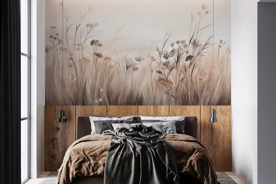 Fotobehang Een veld met wilde bloemen in zachte bruine en beige tinten, met hoog gras en delicate bloemen w09872