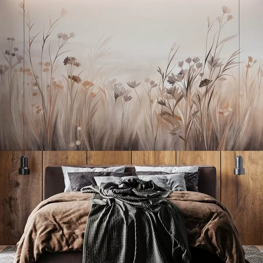 Fotobehang Een veld met wilde bloemen in zachte bruine en beige tinten, met hoog gras en delicate bloemen w09872