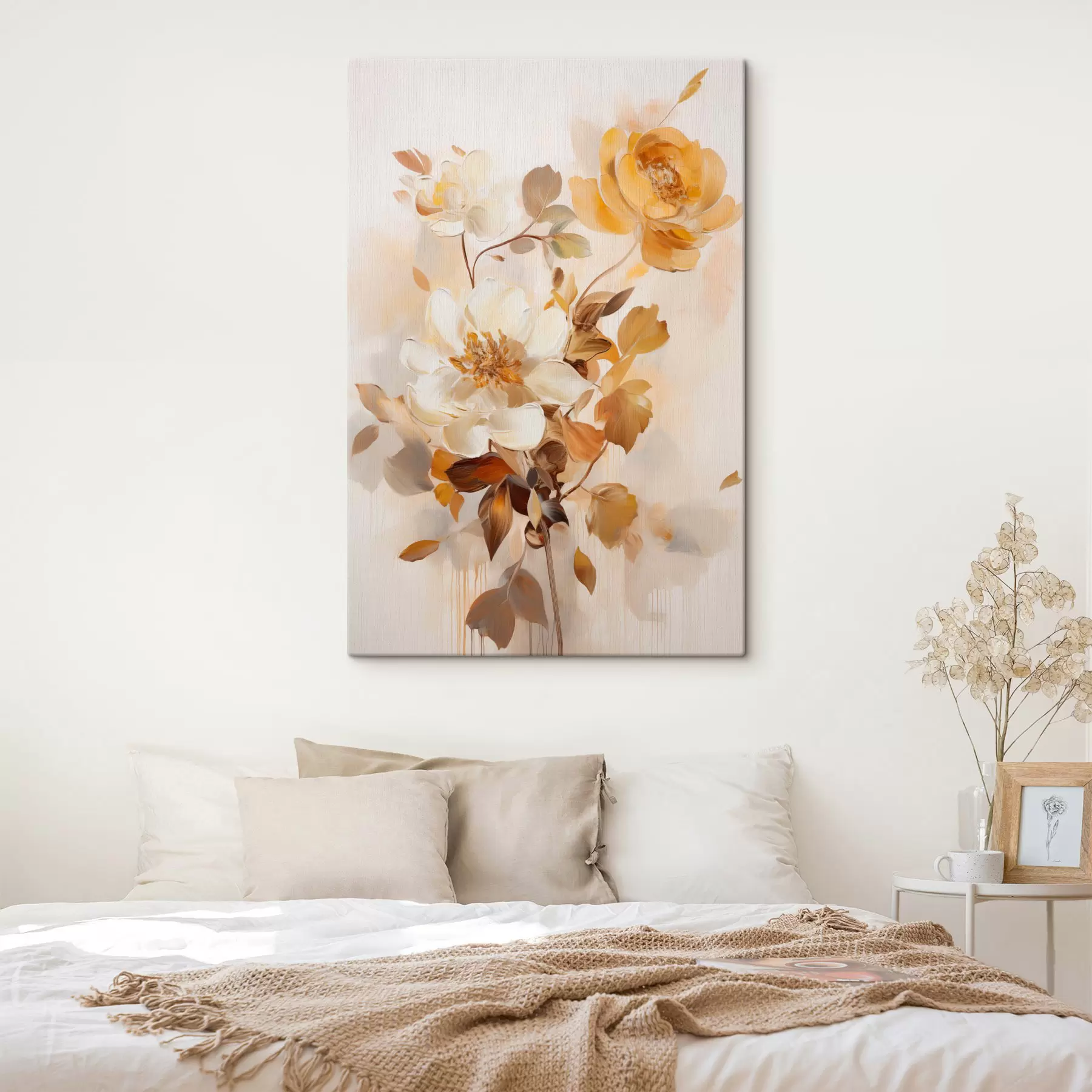  Schilderijen Abstracte bloemen met bruine bladeren, in een schilderachtige stijl met penseelstreken s49145