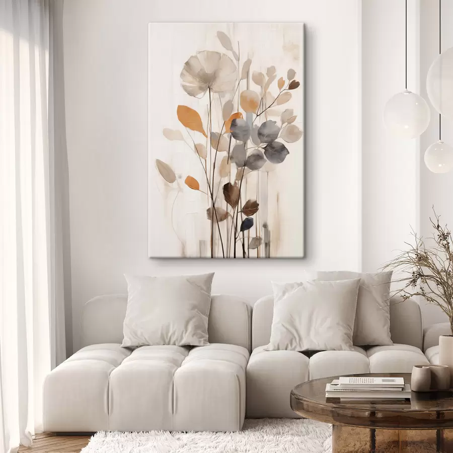  Schilderijen Bloemstuk in gedempte oranje- en grijstinten, abstracte kunst s49148