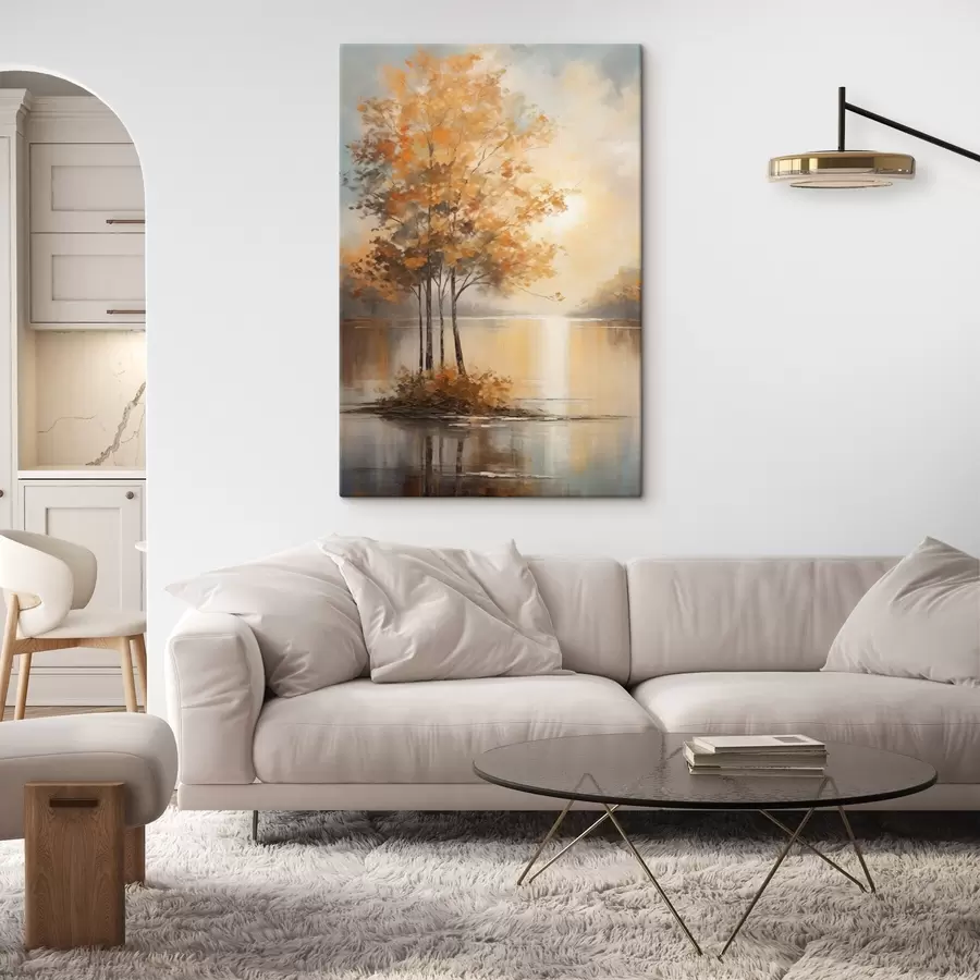 Schilderijen Landschap, bomen met oranje bladeren, meer, de zon op de achtergrond s49151