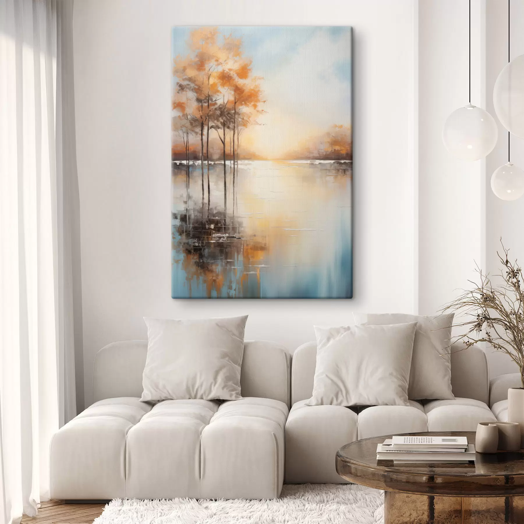  Schilderijen Landschap, bomen met oranje bladeren, meer, de zon op de achtergrond s49152