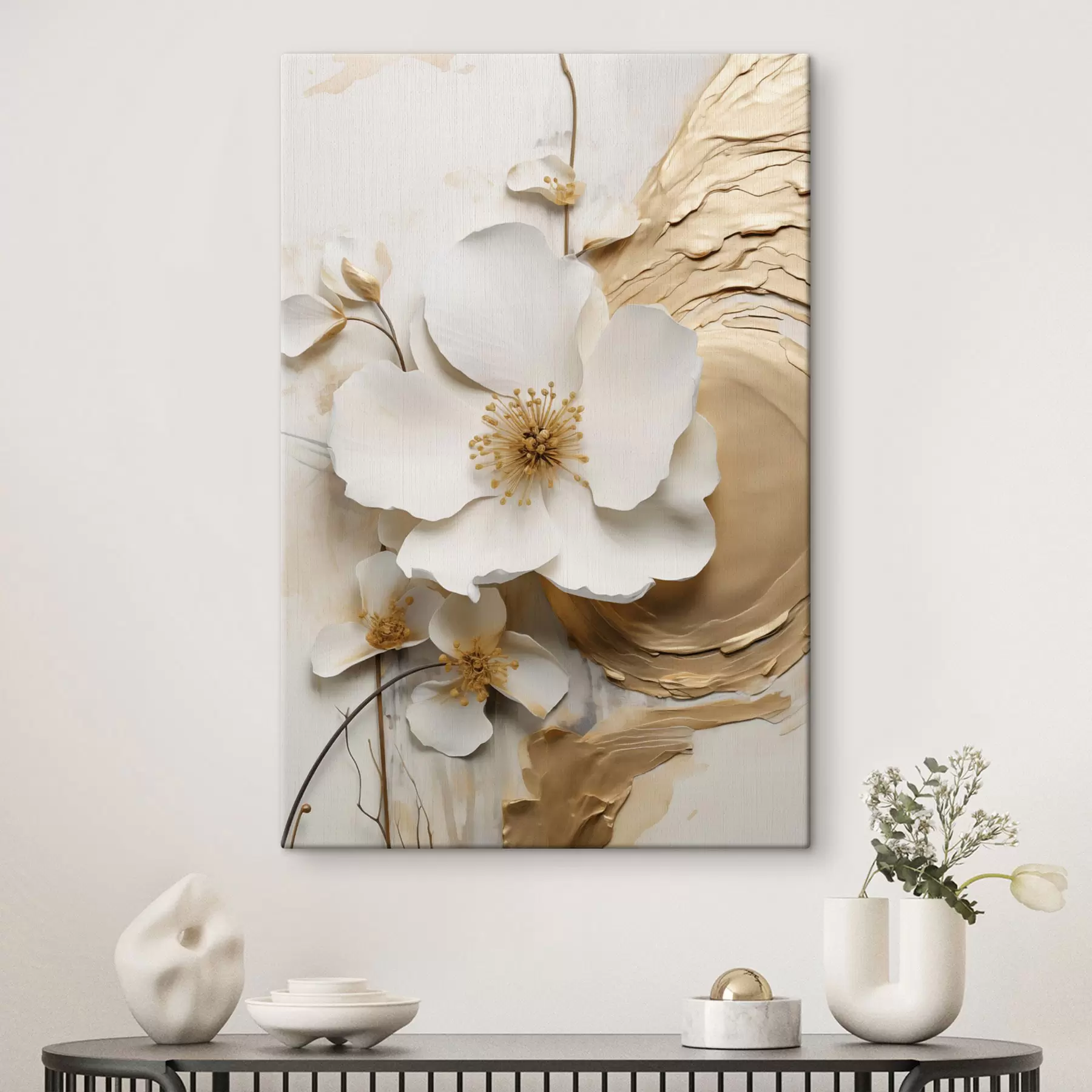  Schilderijen Abstracte witte bloem, imitatie van verfstreken op een structuurachtergrond s49153
