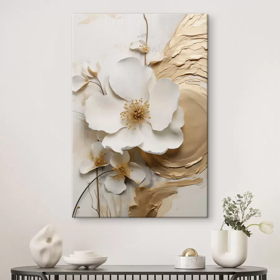  Schilderijen Abstracte witte bloem, imitatie van verfstreken op een structuurachtergrond s49153