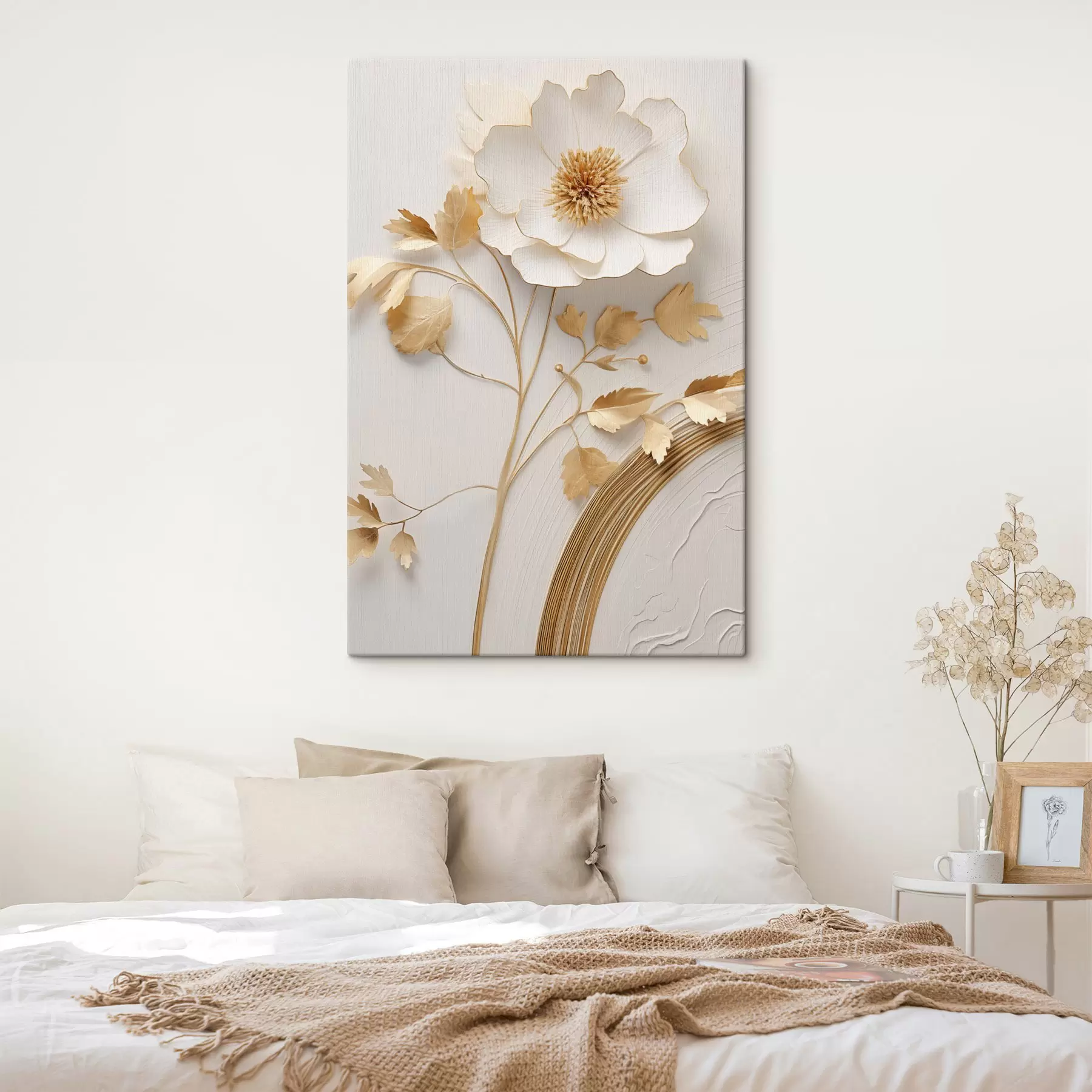  Schilderijen Abstracte witte bloem, imitatie van verfstreken op een structuurachtergrond s49154