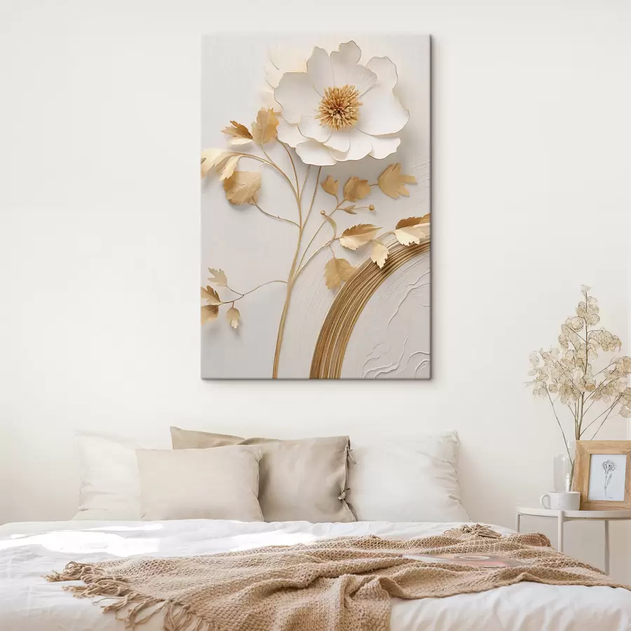  Schilderijen Abstracte witte bloem, imitatie van verfstreken op een structuurachtergrond s49154