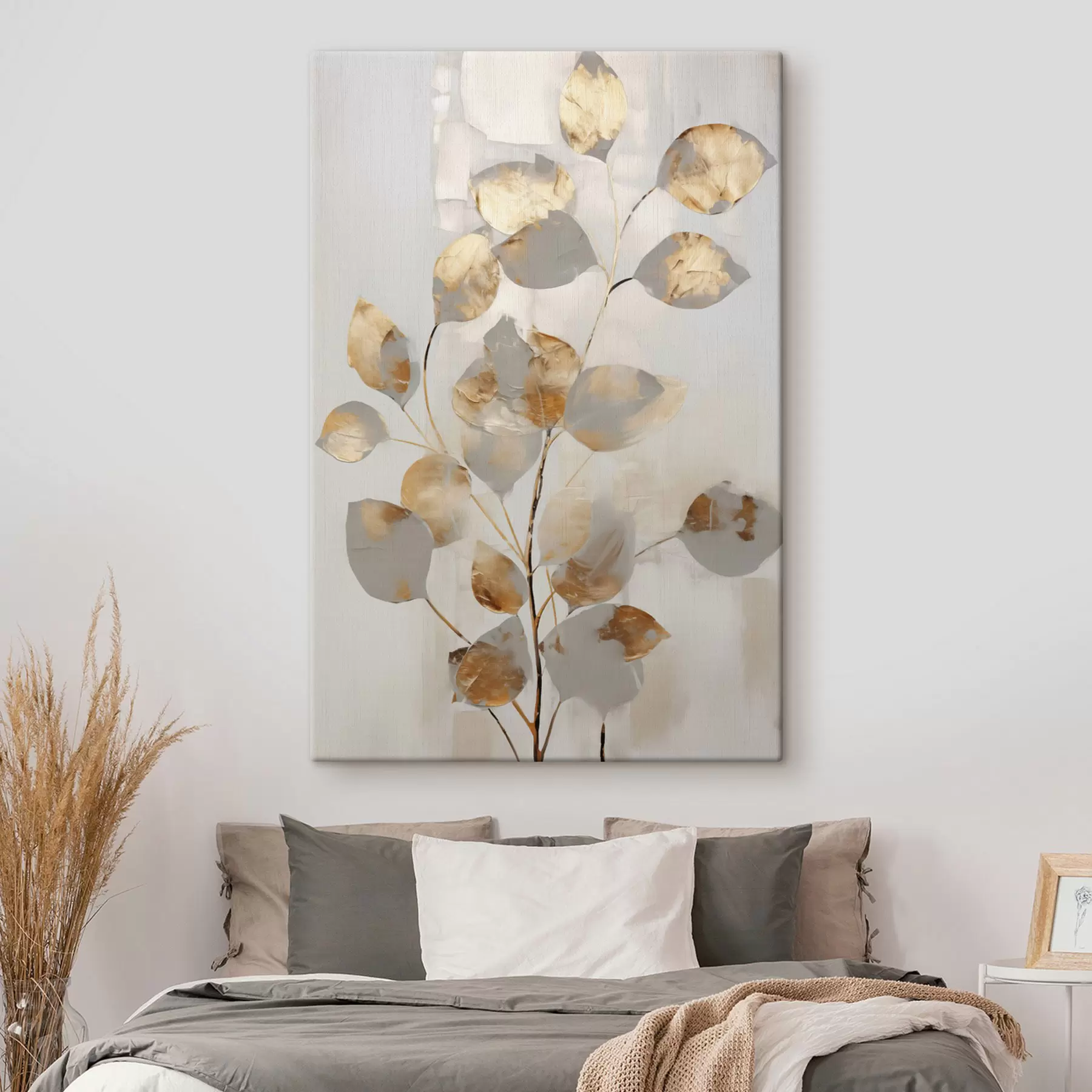  Schilderijen Abstracte tak met ovale bladeren in grijstinten en geel, kunstwerk met textuur s49155