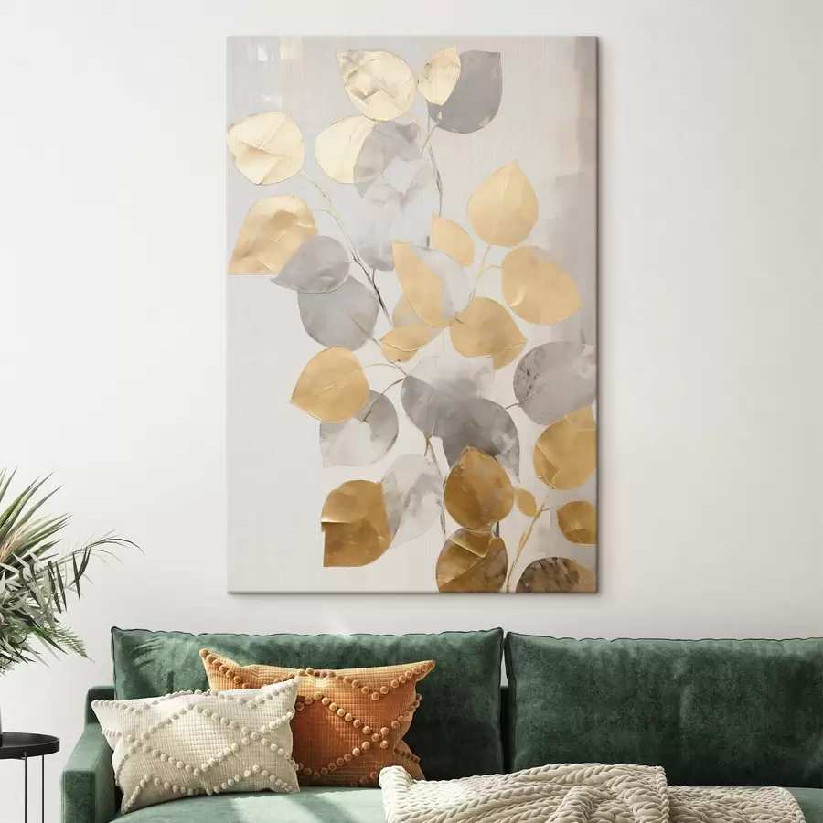  Schilderijen Abstracte tak met ovale bladeren in grijstinten en geel, kunstwerk met textuur s49156