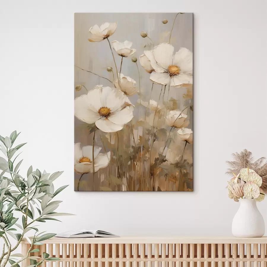  Schilderijen Witte klaprozen, geschilderd in een zachte, impressionistische stijl tegen een ingetogen achtergrond s49159