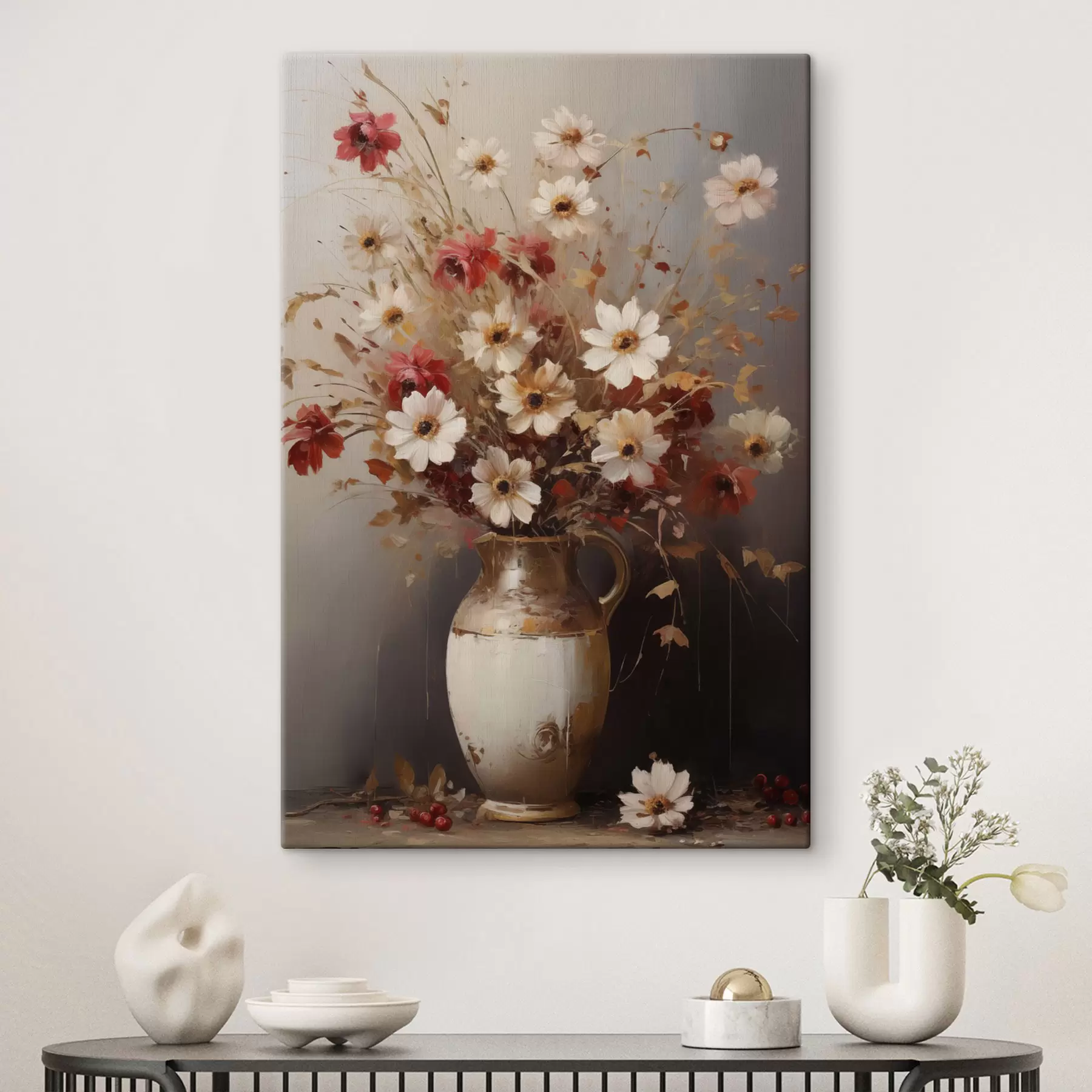  Schilderijen Een boeket van witte en rode bloemen met bruine accenten in een vaas, in schilderachtige stijl s49161