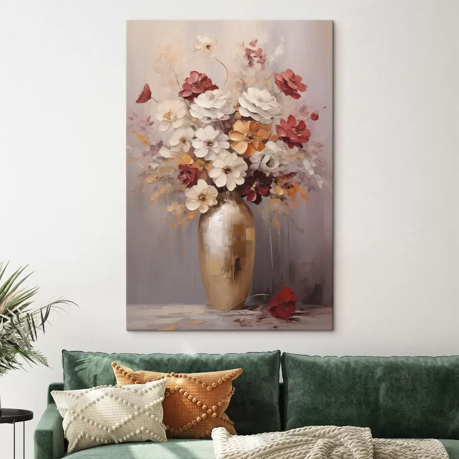  Schilderijen Een boeket van witte en rode bloemen met bruine accenten in een vaas, in schilderachtige stijl s49162