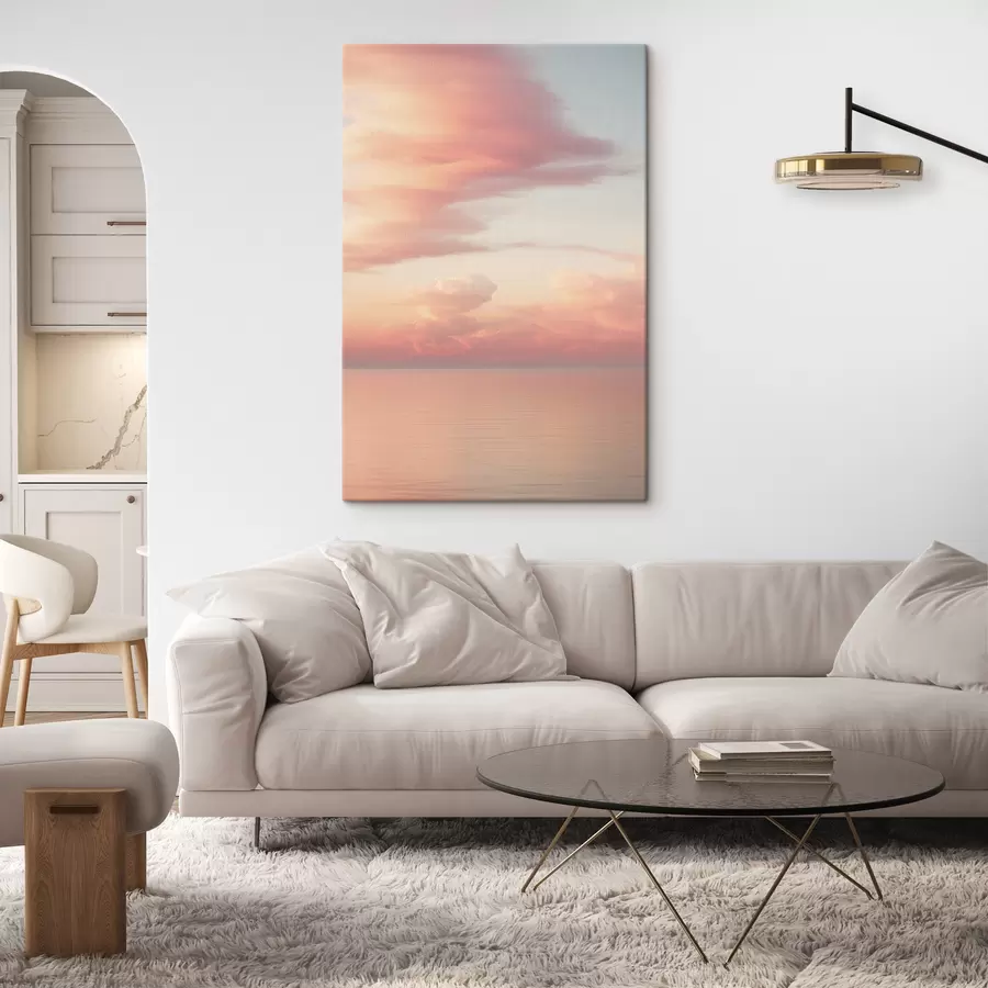  Schilderijen Een pastelkleurige lucht vol zachte wolken boven een kalme, spiegelgladde oceaan bij zonsondergang s49177