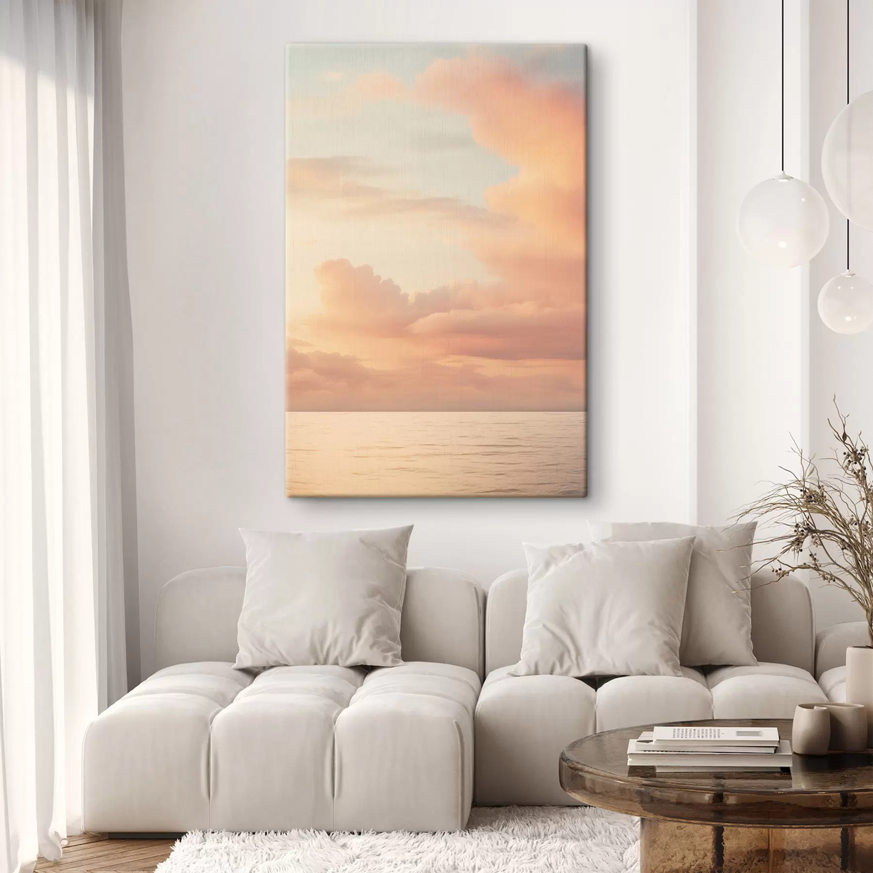  Schilderijen Een pastelkleurige lucht vol zachte wolken boven een kalme, spiegelgladde oceaan bij zonsondergang s49178