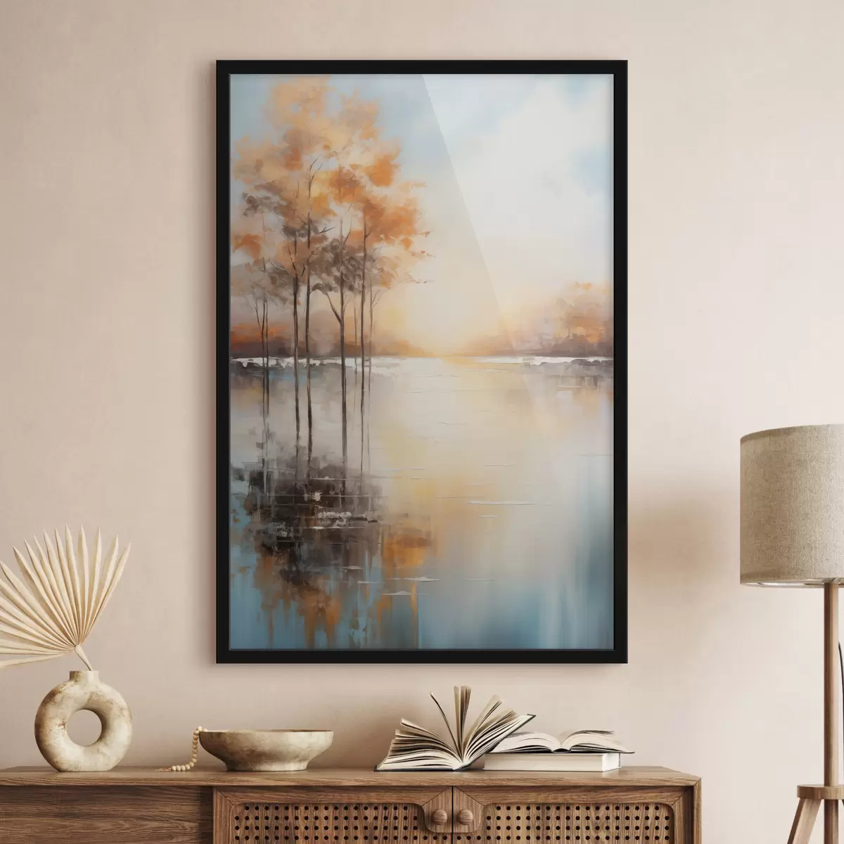 Poster Landschap, bomen met oranje bladeren, meer, de zon op de achtergrond f49152