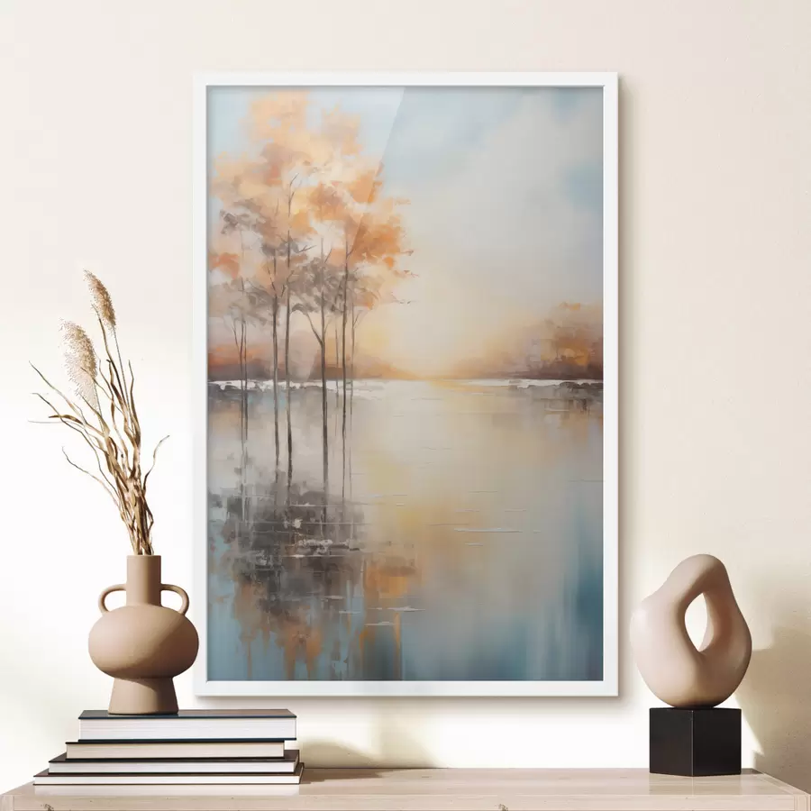 Fotobehang Landschap, bomen met oranje bladeren, meer, de zon op de achtergrond f49152