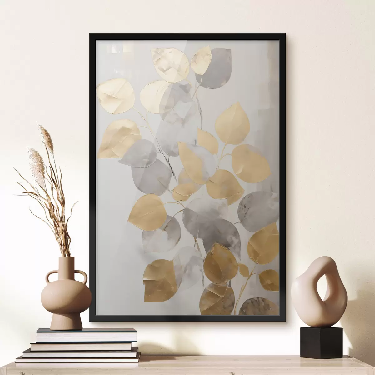 Poster Abstracte tak met ovale bladeren in grijstinten en geel, kunstwerk met textuur f49156