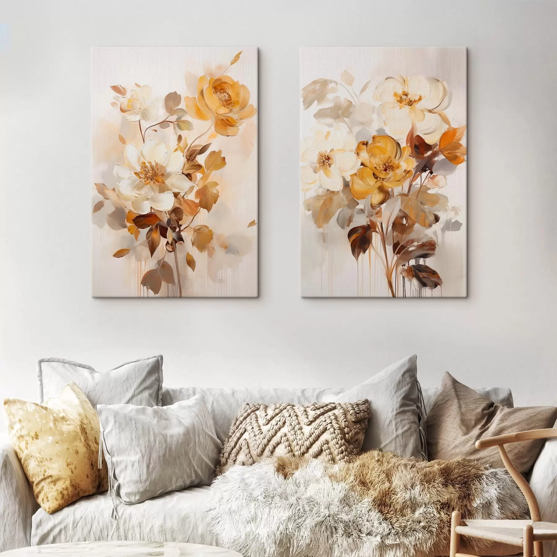 Schilderijen Abstracte bloemen met bruine bladeren, in een schilderachtige stijl met penseelstreken m30469