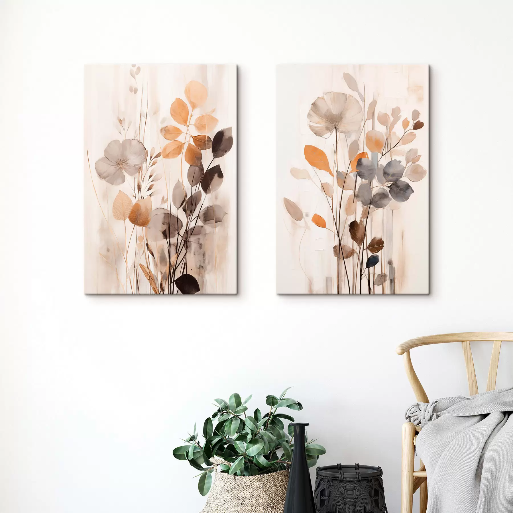  Schilderijen Bloemstuk in gedempte oranje- en grijstinten, abstracte kunst m30470